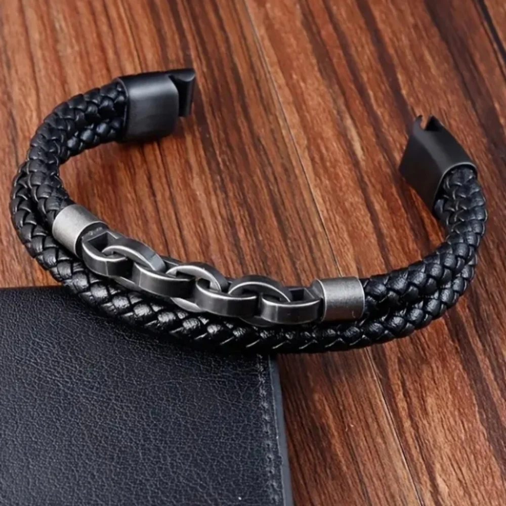 Black Braided Leather Bracelet Antique Silver Accents